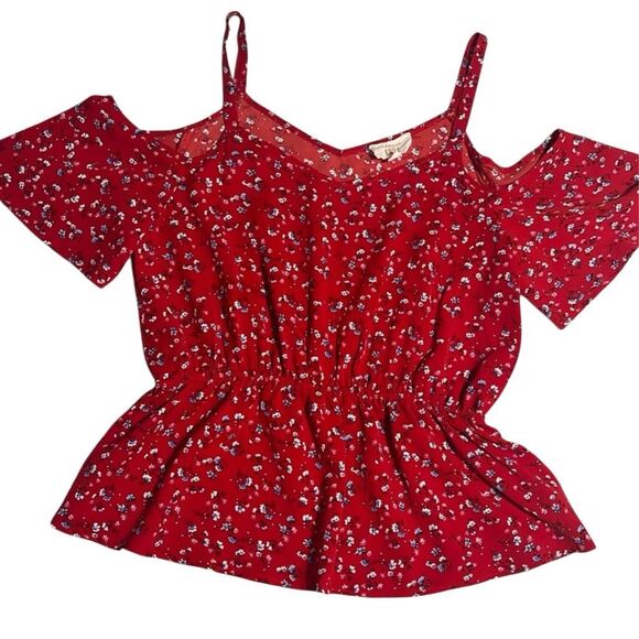 HIPPIE ROSE | red floral cold shoulder top M - Picture 1 of 6